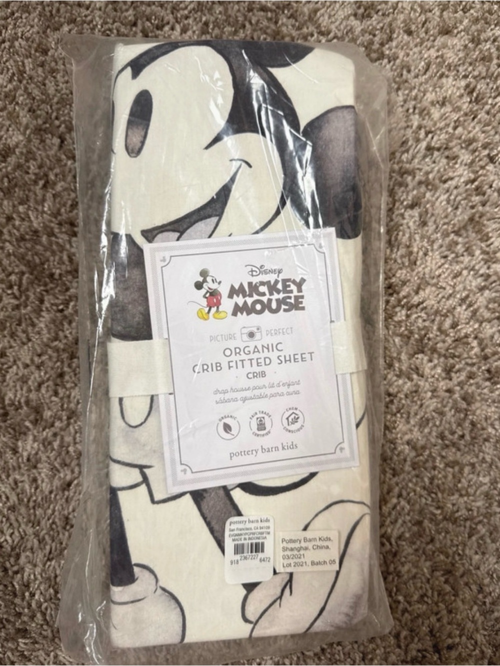 Pottery Barn Kids Mickey Mouse Organic Crib Fitted Sheet - White & Black